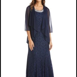 NWT - R&M Richards Navy Blue Maxi Dress Set with Top Cover